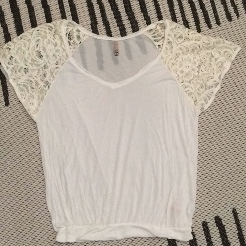Free People White Lace Sleeve Tee